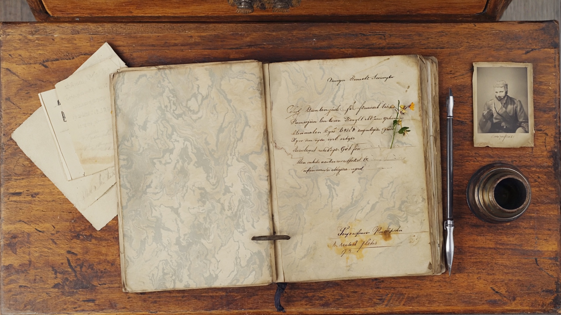 Halb geöffnetes Tagebuch in marmoriertem Einband aus den 1920er Jahren auf einem Lesetisch, daneben Tintenfeder.