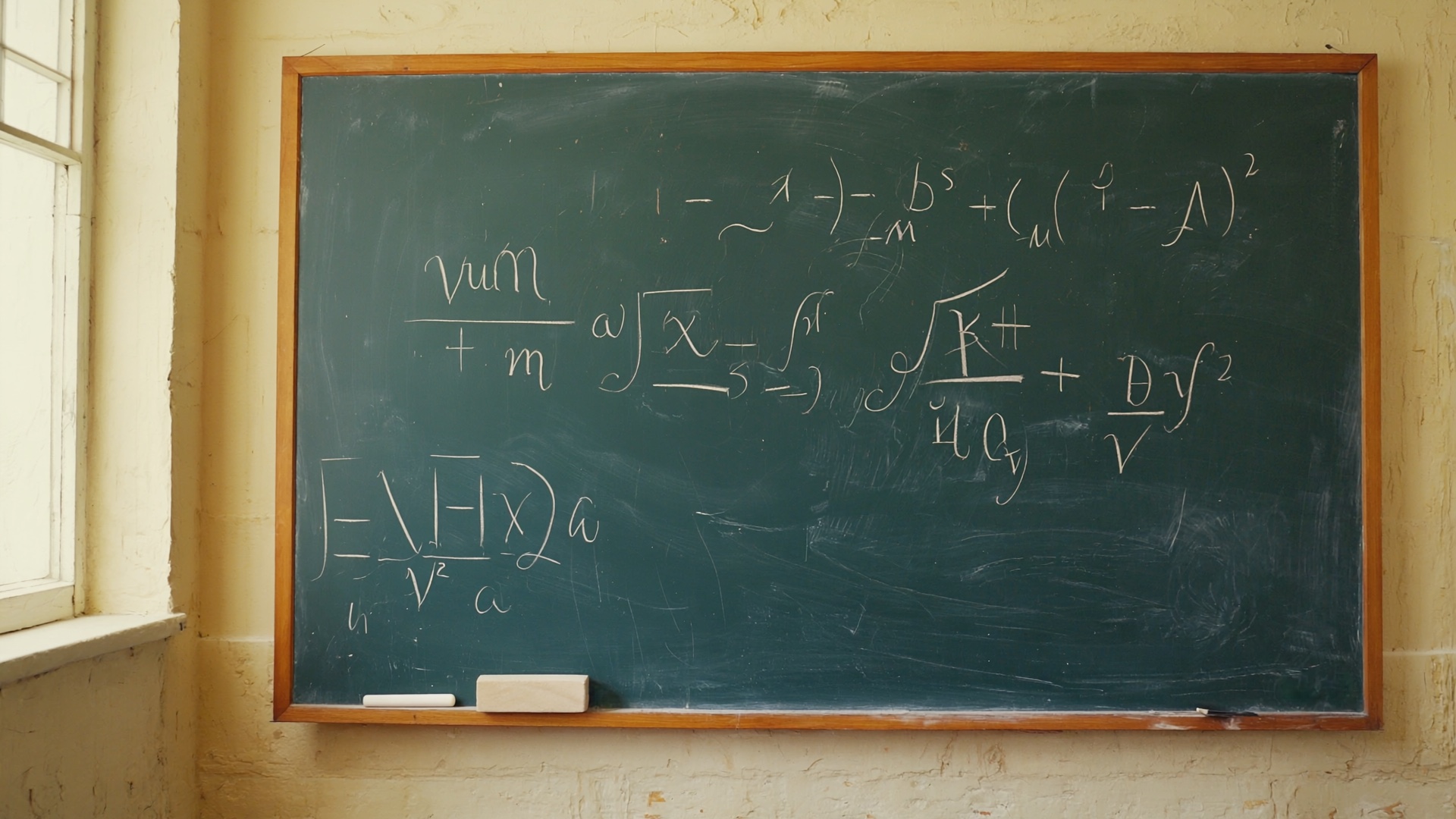 Halb abgewischte Schultafel mit mathematischen Gleichungen in alter Handschrift, gedämpftes Seminarraum-Licht.